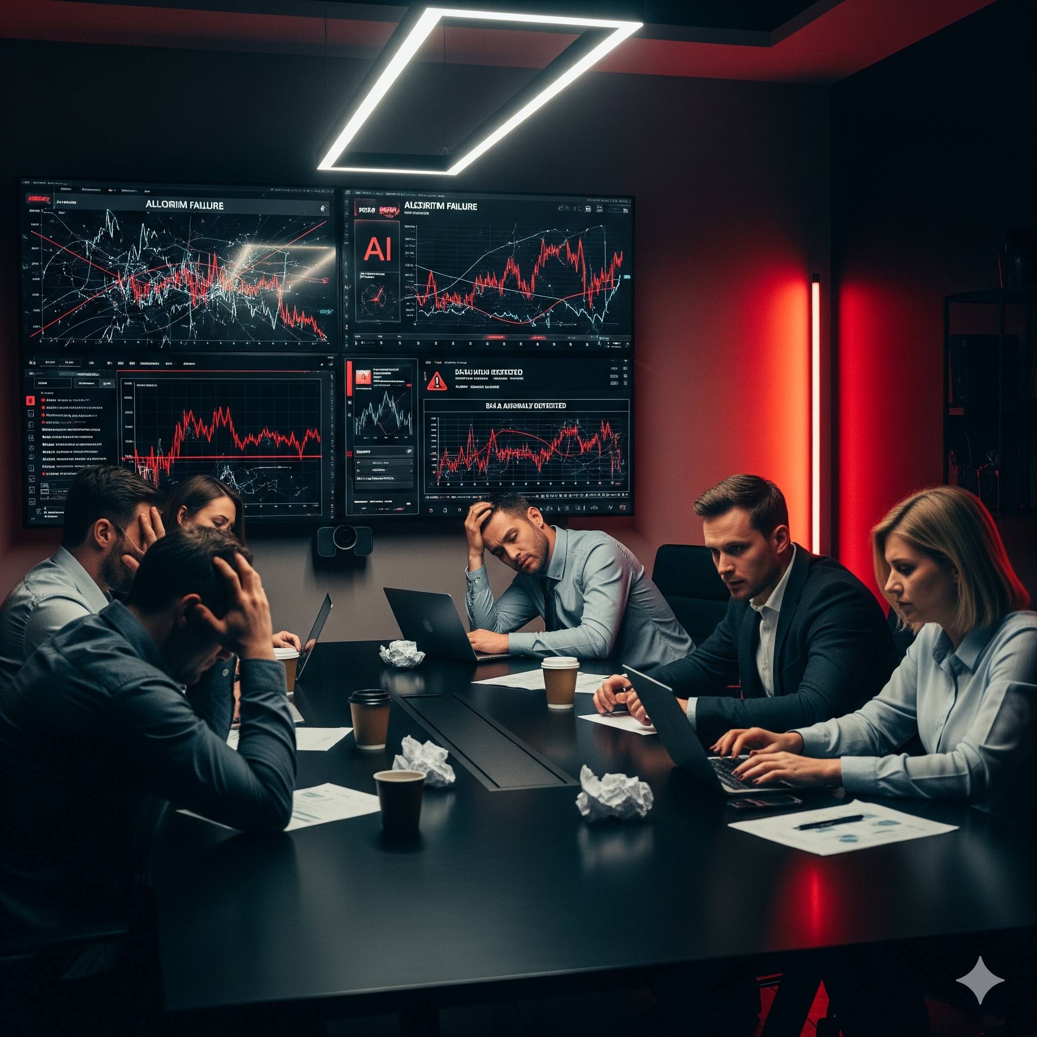 Equipe de pequena empresa frustrada em reunião com gráficos caóticos e tentativas falhas de IA.