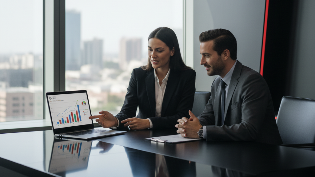 Vendedor mostrando o retorno sobre o investimento (ROI) para um cliente em uma reunião.
