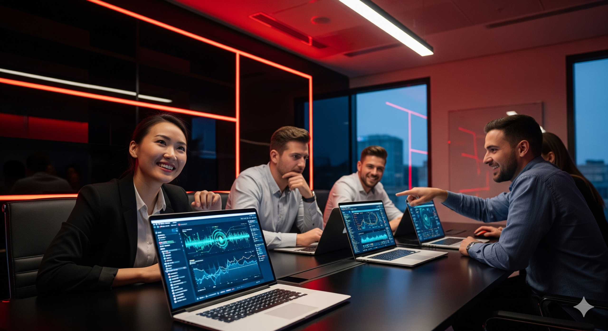 Equipe de pequena empresa sorrindo ao usar laptops com dashboards de IA, em um ambiente de sucesso.