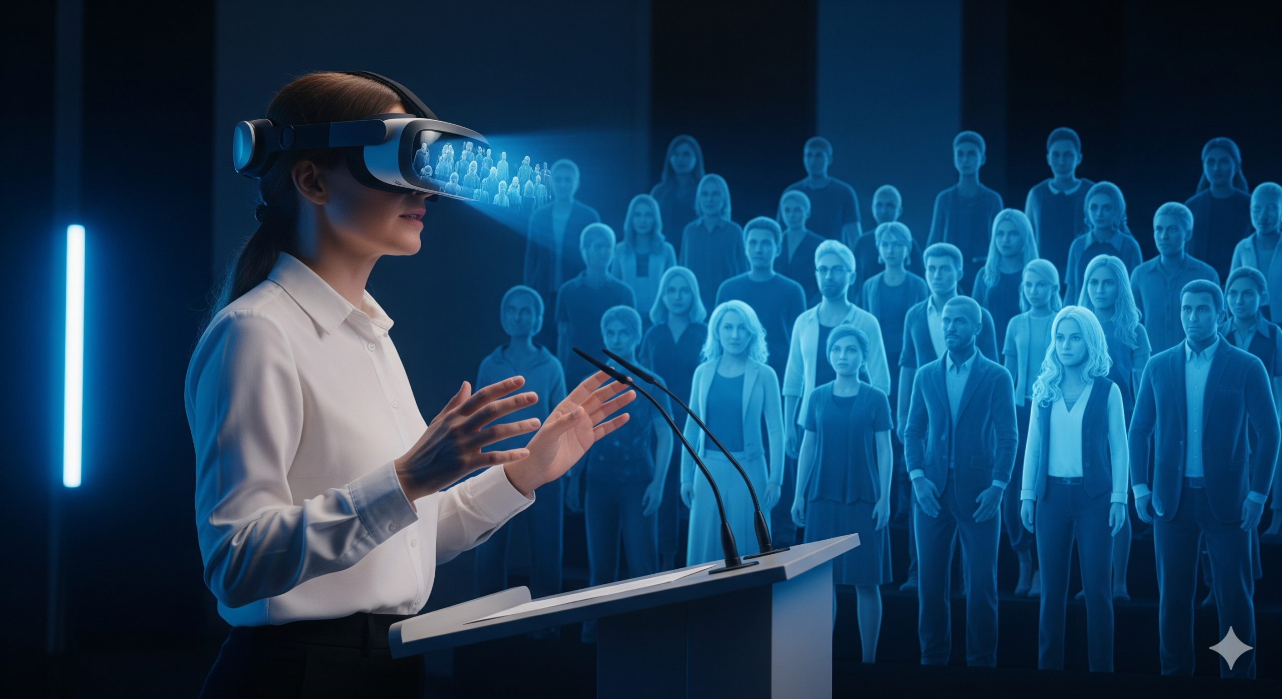 Líder ensaiando um discurso com headset de VR/AR.