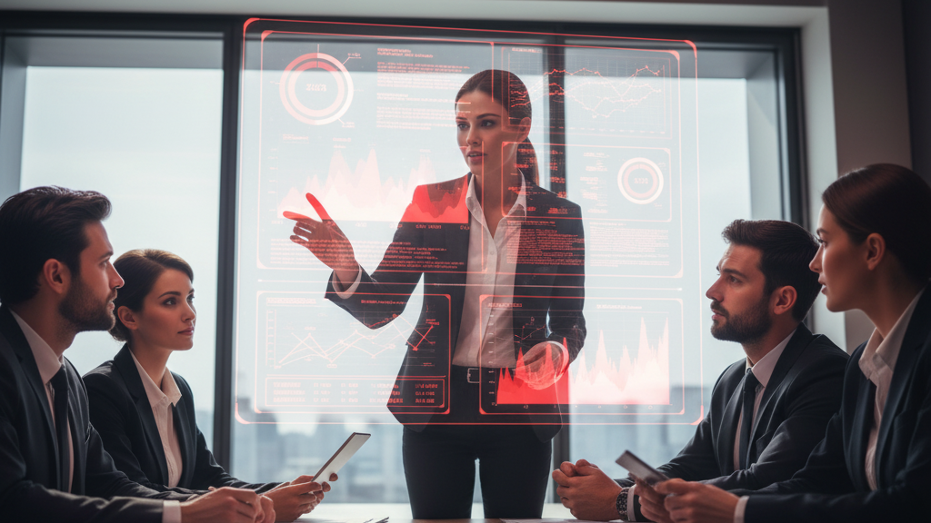Profissional de vendas B2B usando IA para analisar clientes e estratégias em uma reunião.