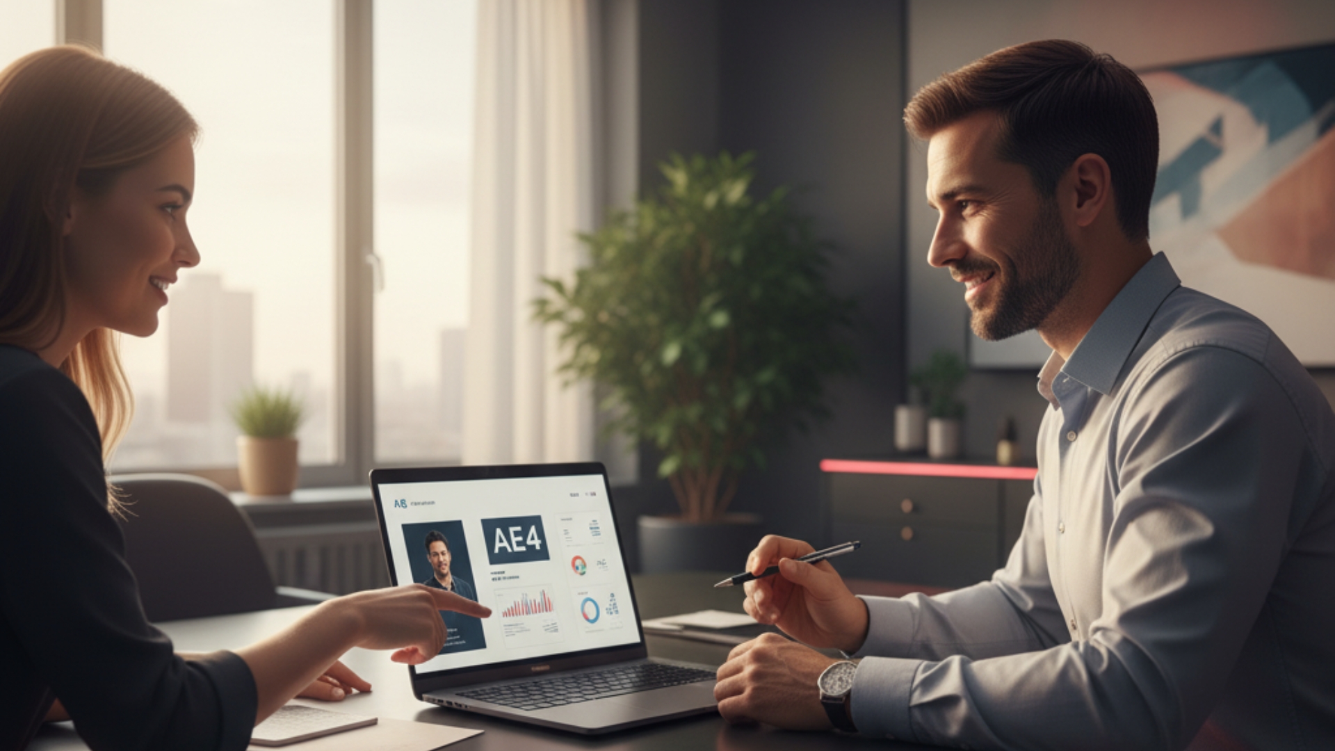 Diretor de vendas apresentando gráficos de crescimento em um laptop para um colega.