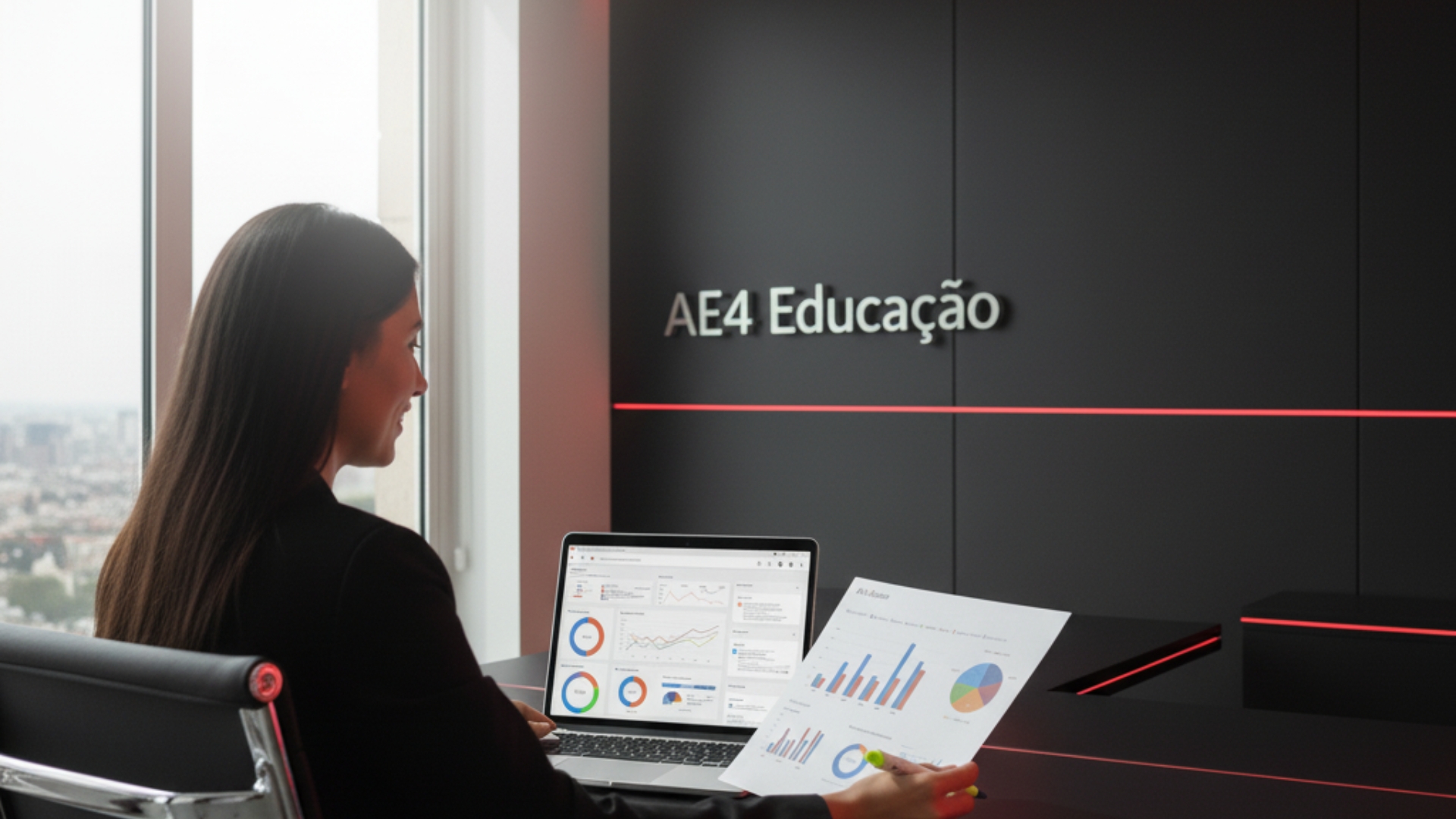 Gerente analisando um relatório impresso com atenção aos detalhes.