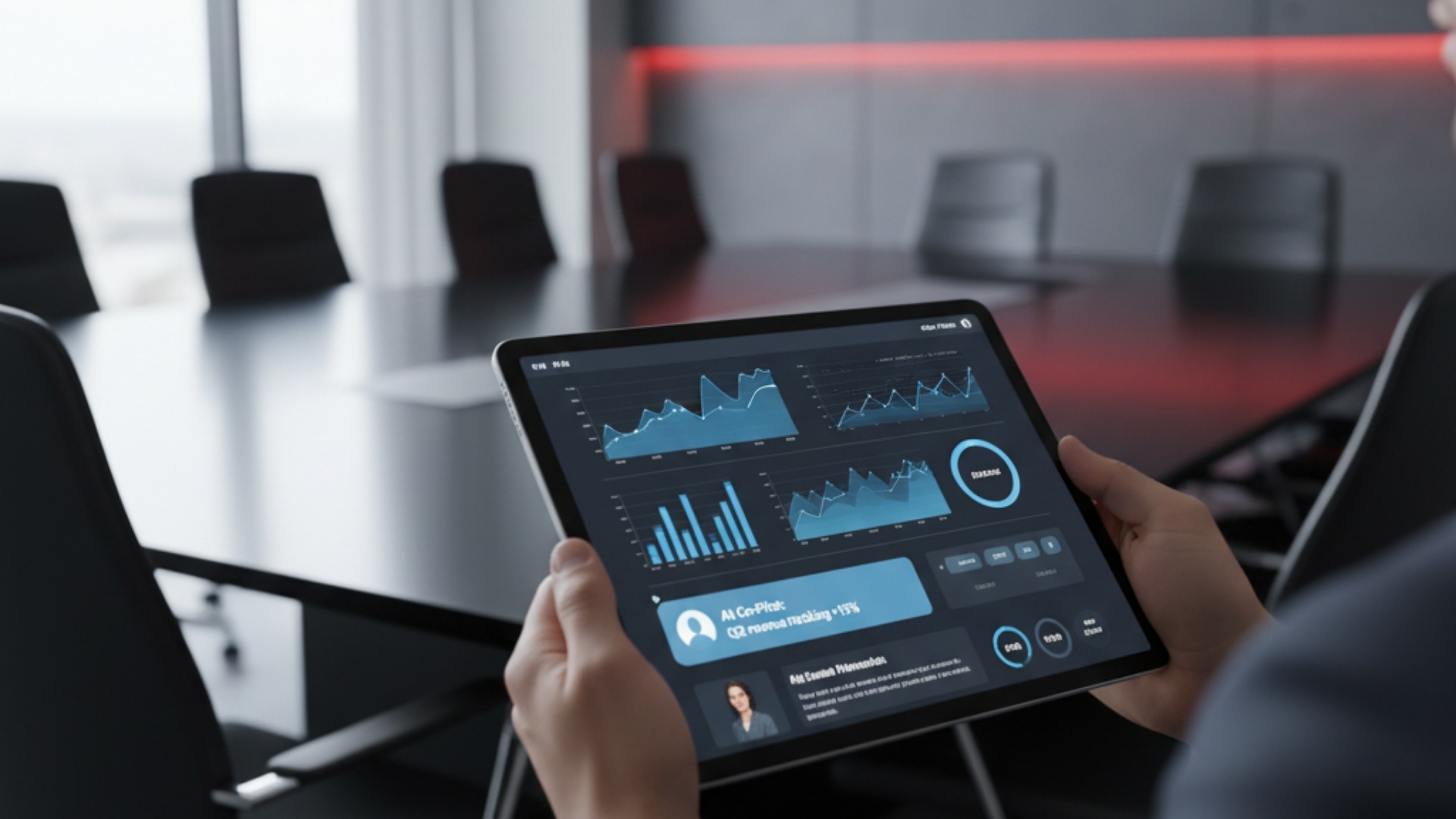 Vendedor usando tablet com assistente de IA em reunião.