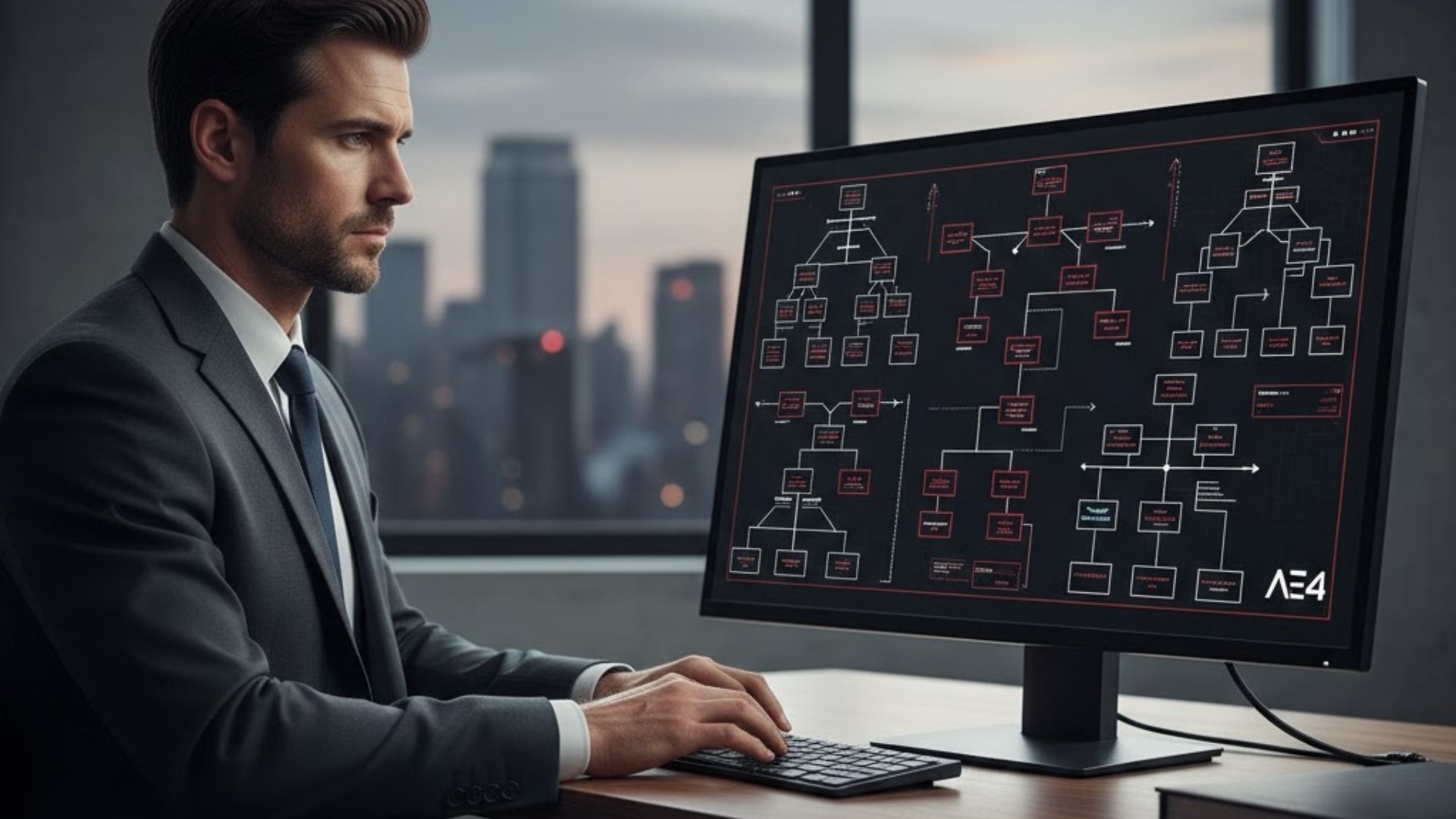 Homem bem vestido em um escritório moderno, pensando