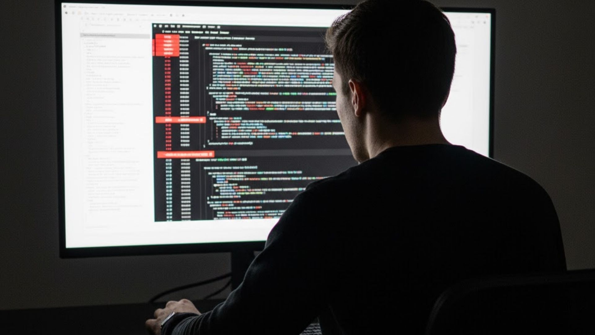 Foto de um profissional jovem de costas, trabalhando em um laptop e olhando para uma tela maior com gráficos.