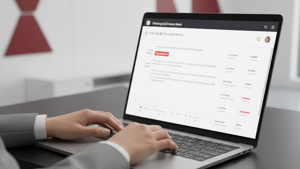 Pessoa digitando e-mails personalizados em um editor com campos de nome e empresa visíveis.