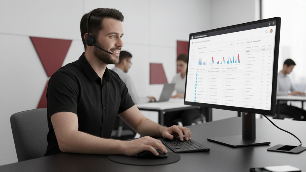Profissional de vendas observando tela com gráfico de pontuação de leads, expressão analítica.