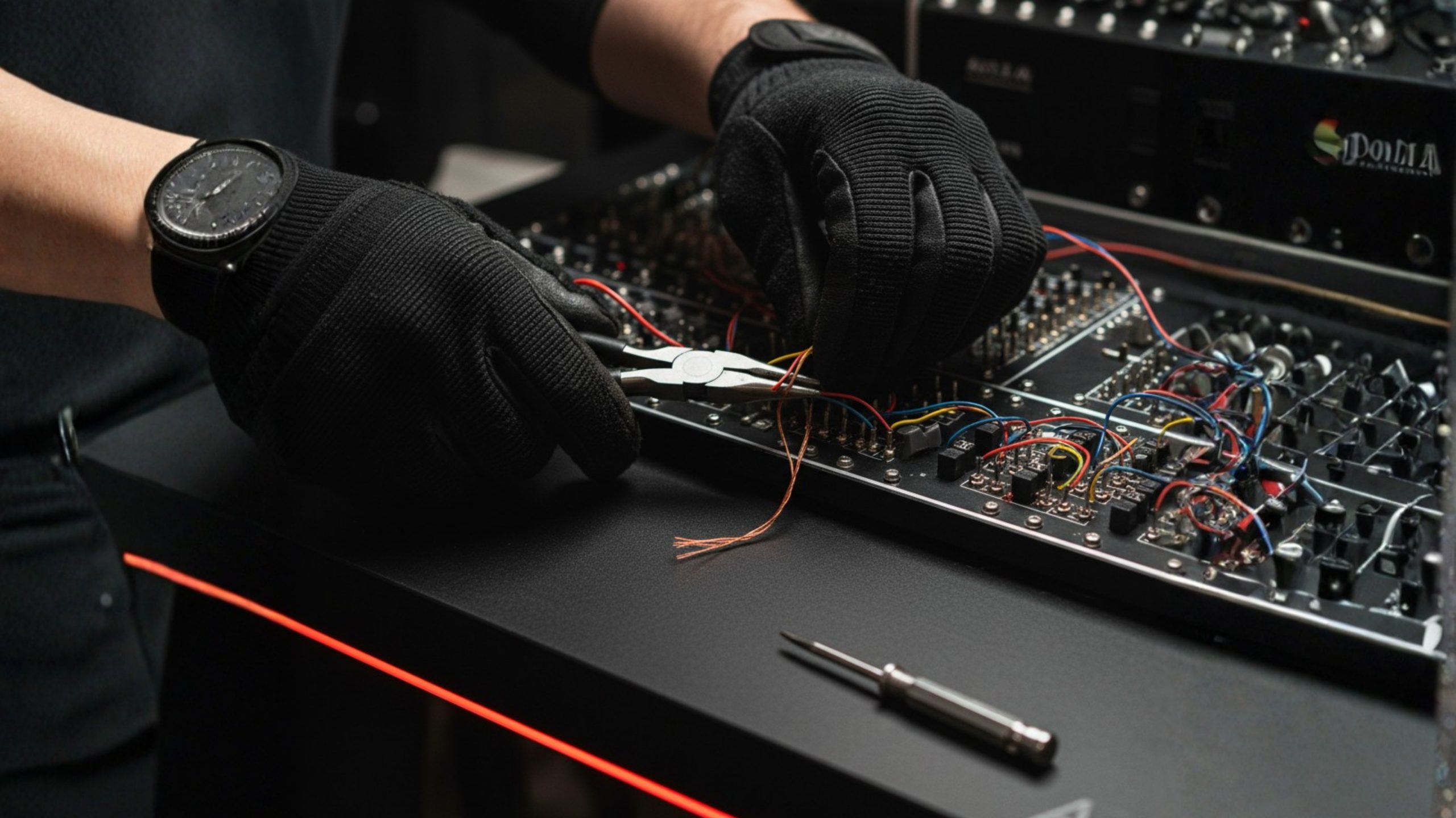 Close-up de mãos com luvas em atividade de tinkering ou montagem