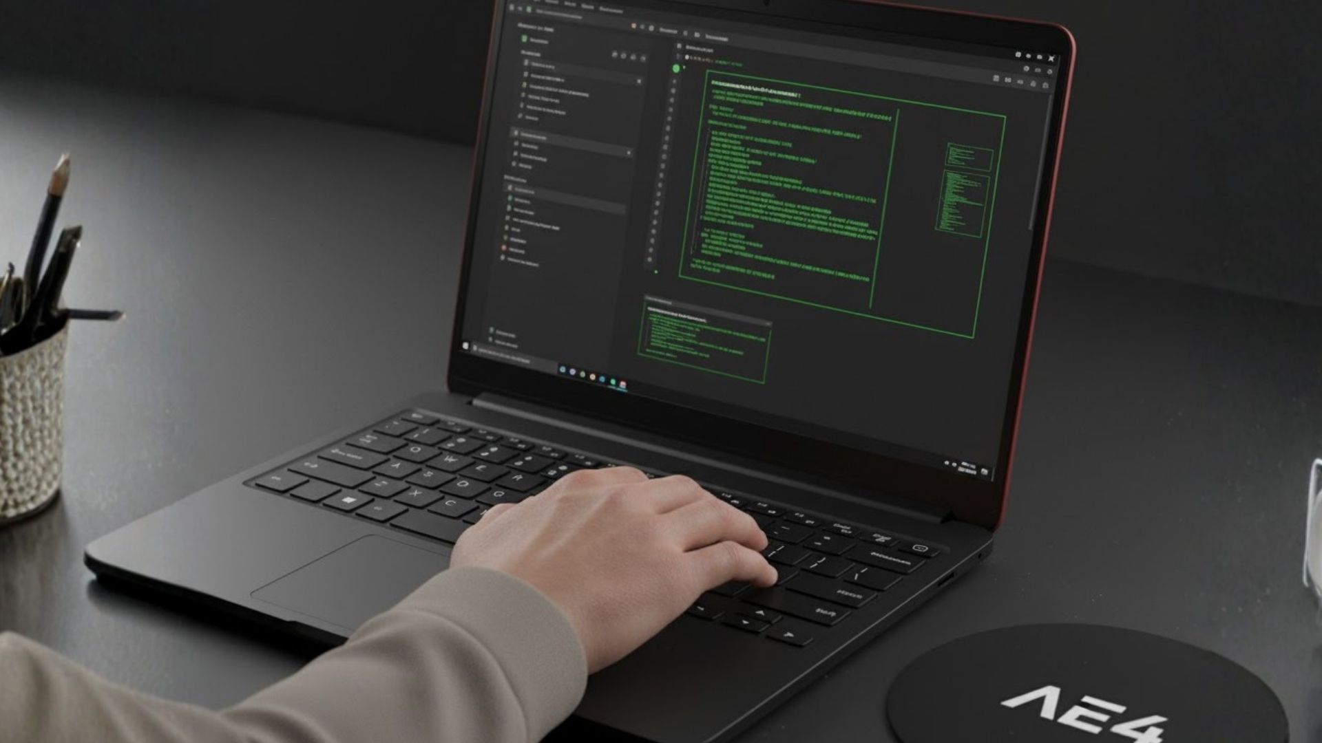 Mão humana sobre um laptop preto, simbolizando criação digital