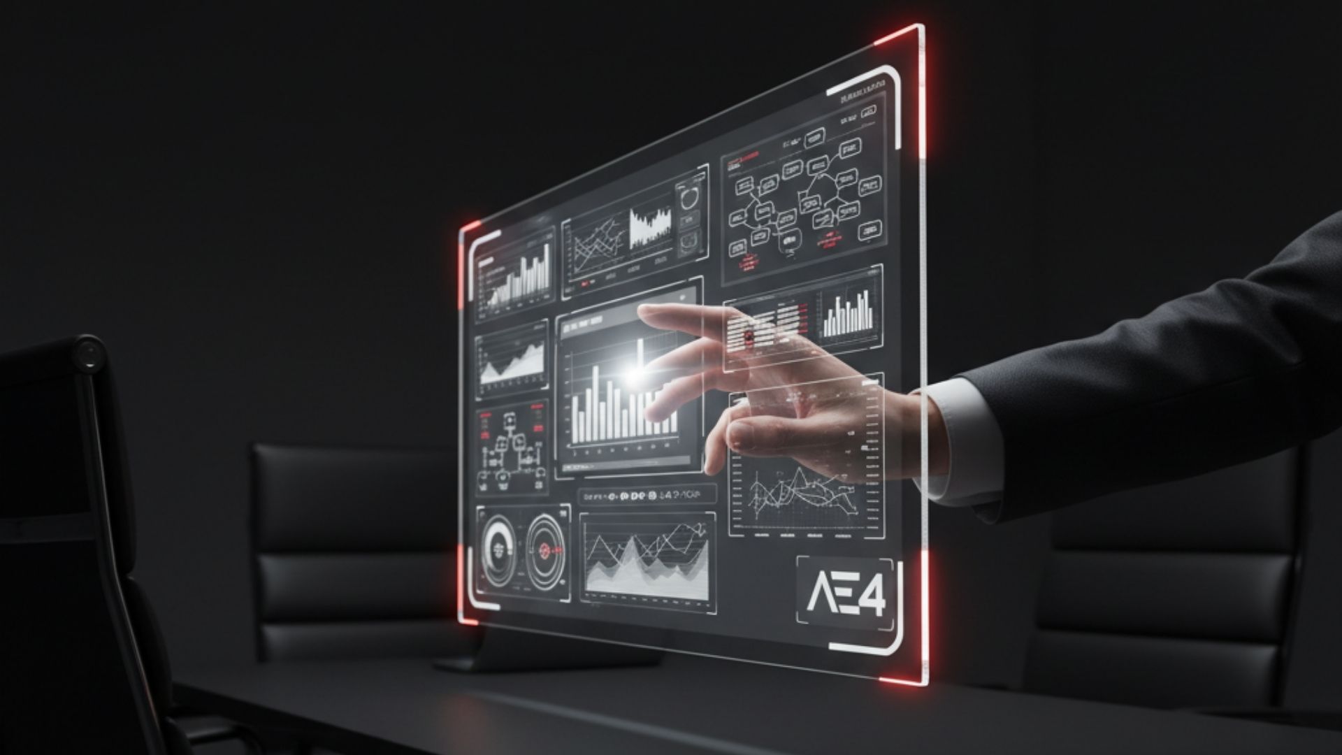 Visão de um painel de controle escuro com informações tecnológicas