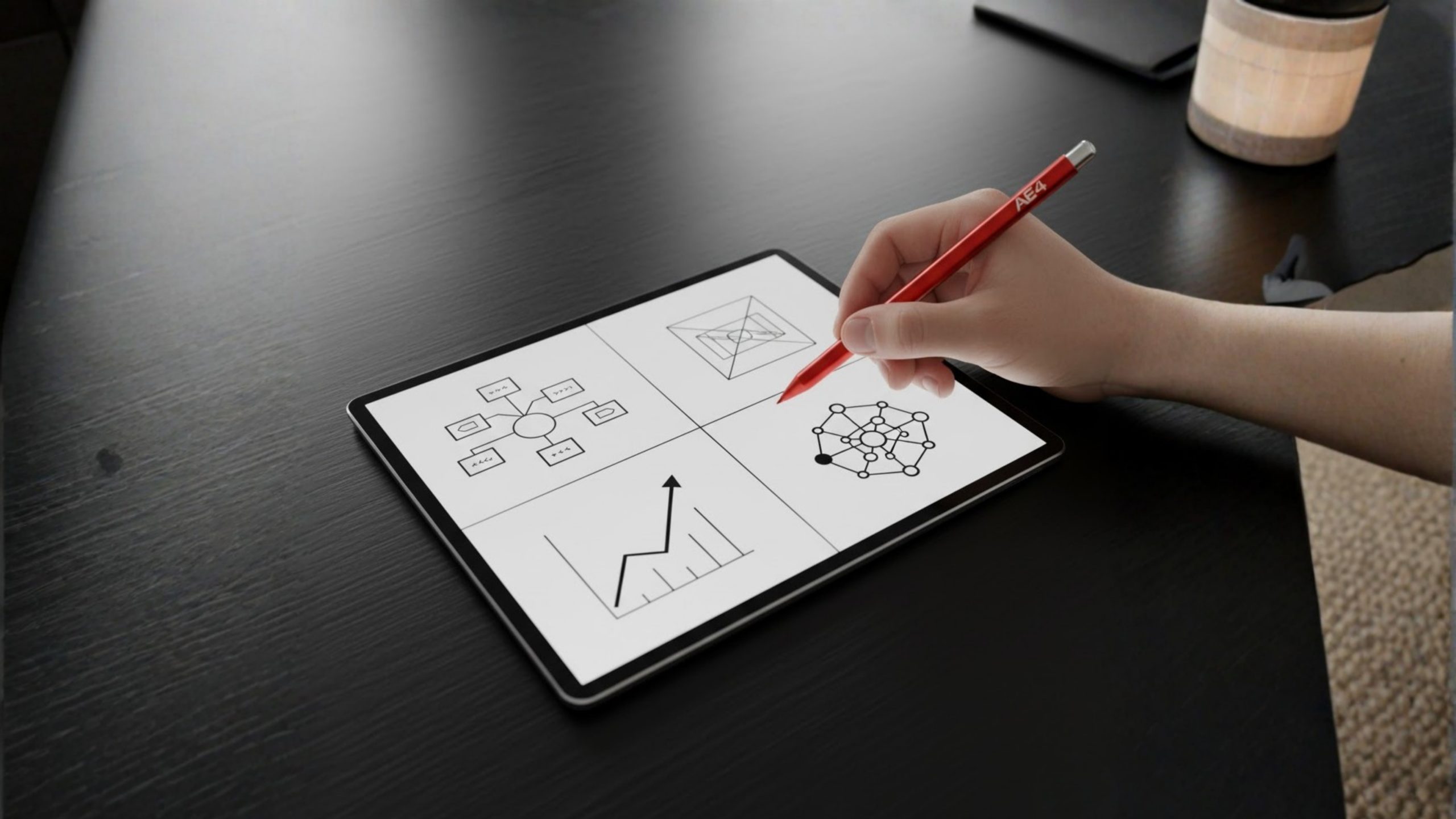 Tablet mostrando 4 pequenos designs de arte em uma tela escura